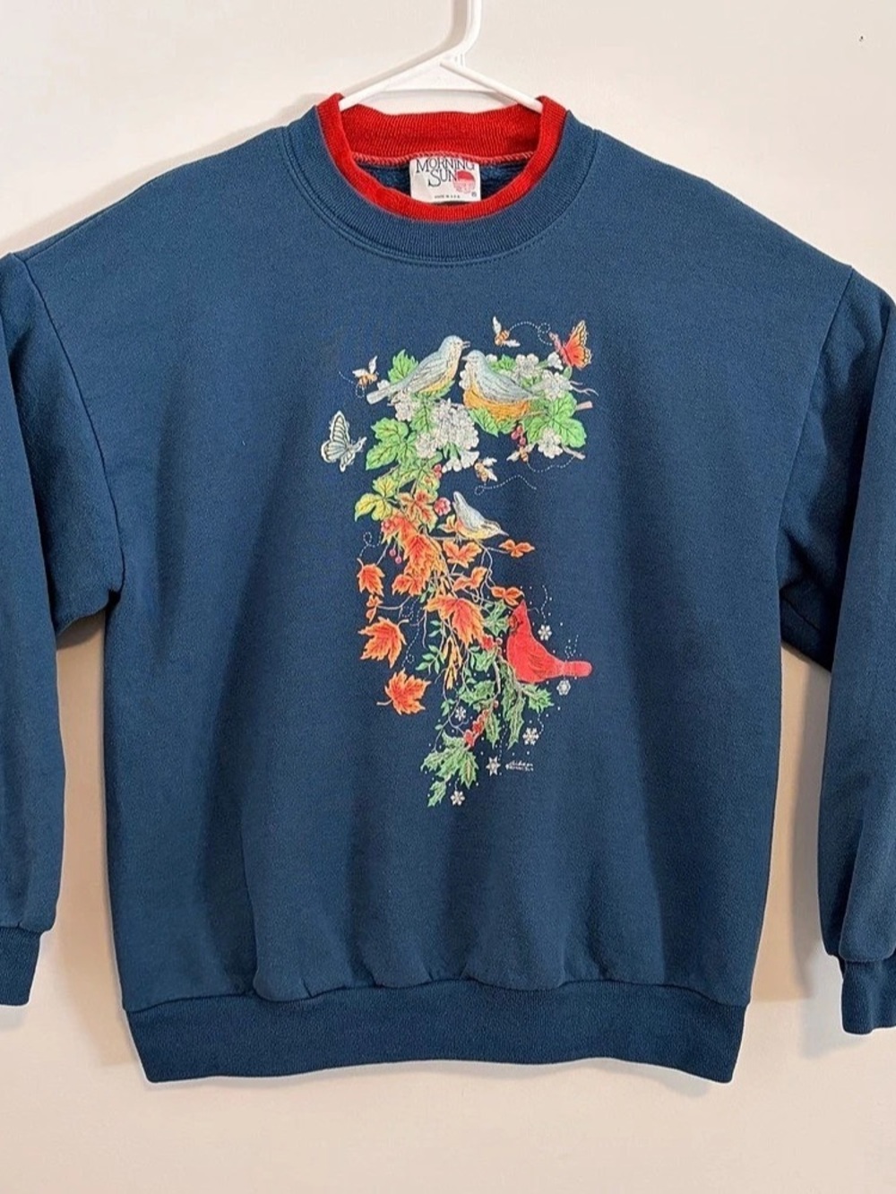 Vintage Morning Sun Sweatshirt Bluebird Cardinal Floral Fall Leaves Made in USA